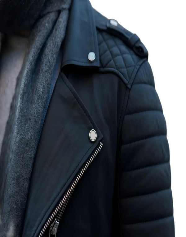 Men Moto Style Black Genuine Leather Jacket