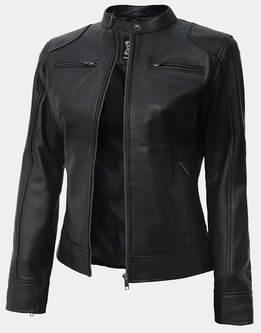 Black & Brown Motorcycle Lambskin Leather Jacket by Gloss leather for women