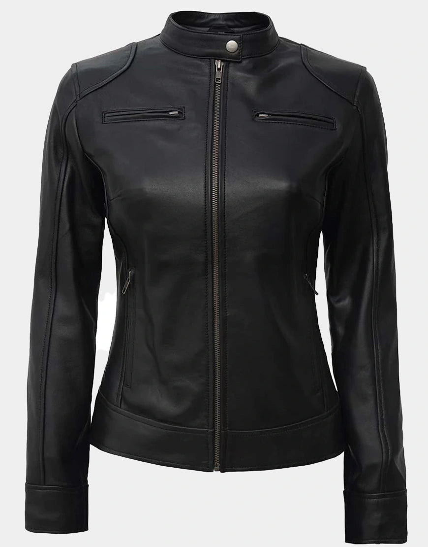 Black & Brown Motorcycle Lambskin Leather Jacket by GL for women