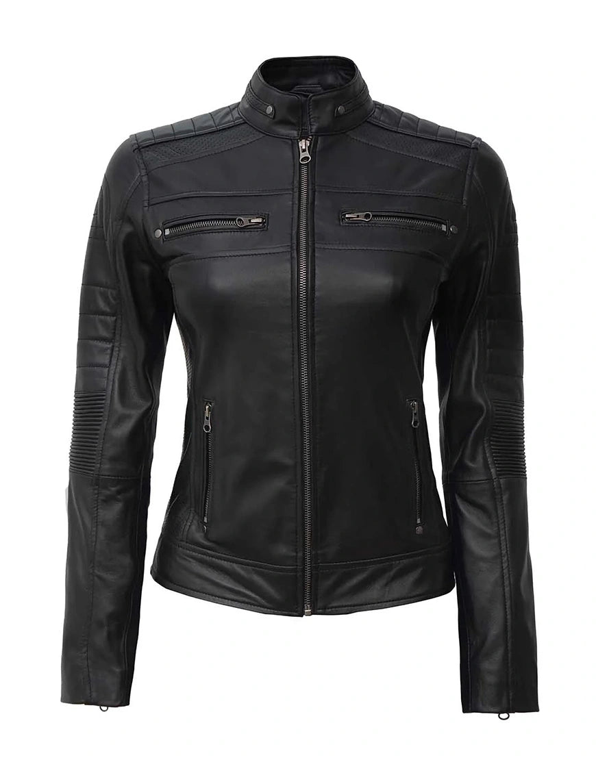 Austin Brown & Black Motorcycle Leather Jacket For Women by GL
