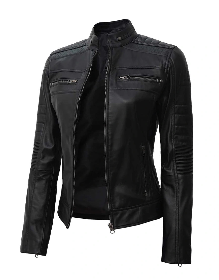 Austin Brown & Black Motorcycle Leather Jacket For Women by Gloss leather
