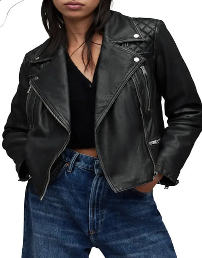 Cargo Distressed Leather Biker Jacket For Women's