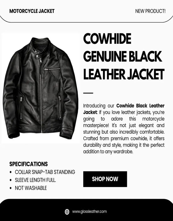 Cowhide Black Leather Jacket by by GL for men