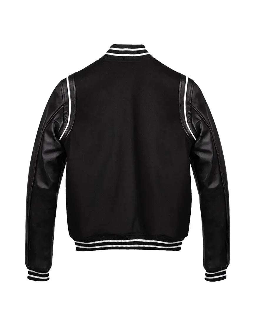 Black varsity jacket with white trim on a white background