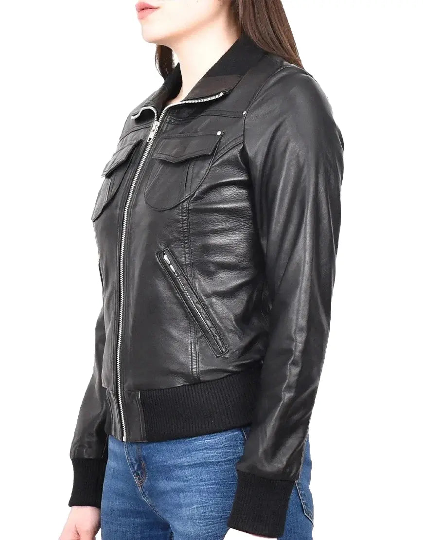 Black leather jacket worn by a person