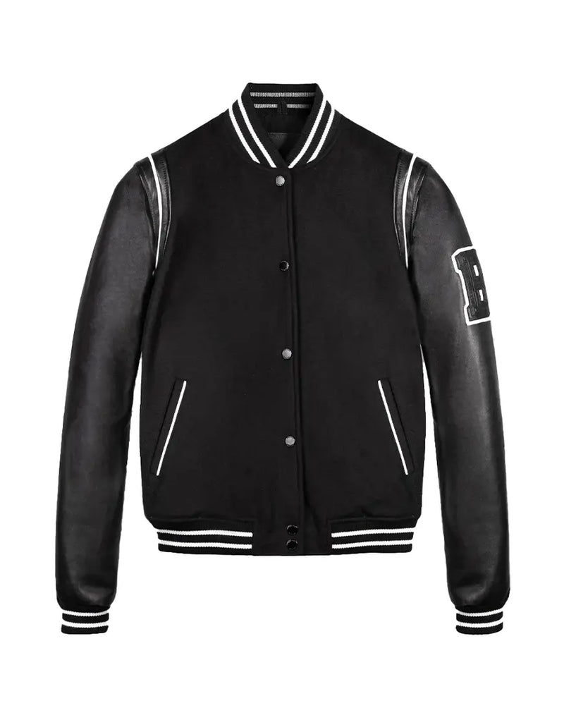 Black varsity jacket with white accents on a white background