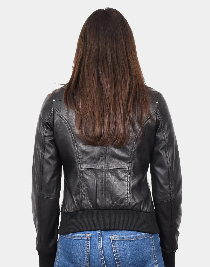 Womens Black Bomber Classic Leather Jacket by gloss leather