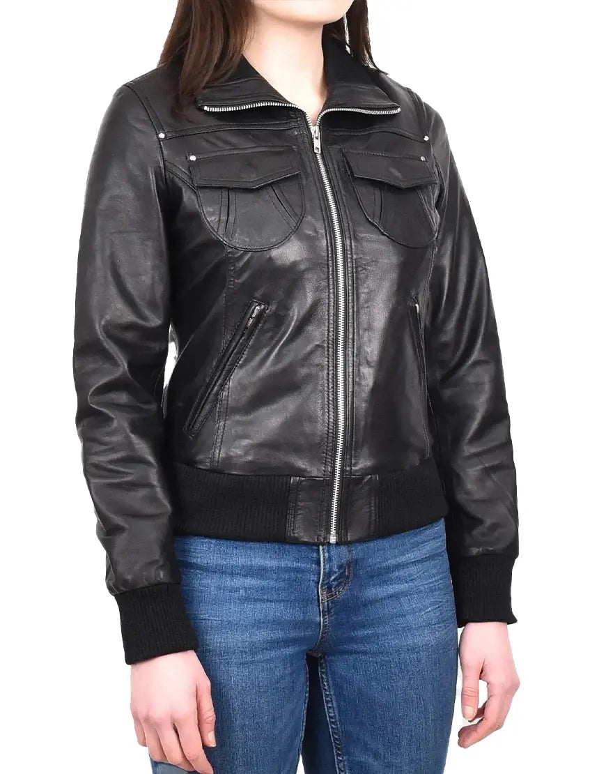 Black leather jacket worn by a person on a white background