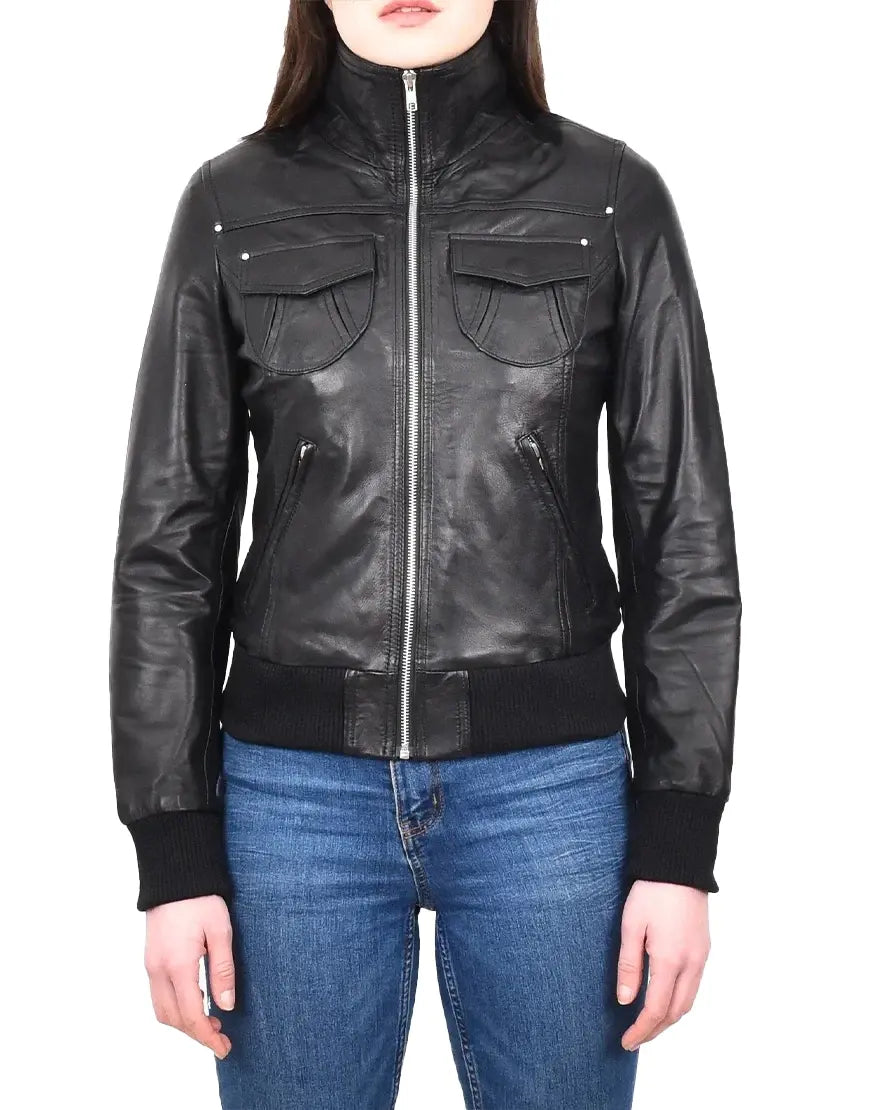Black leather jacket worn by a person on a white background