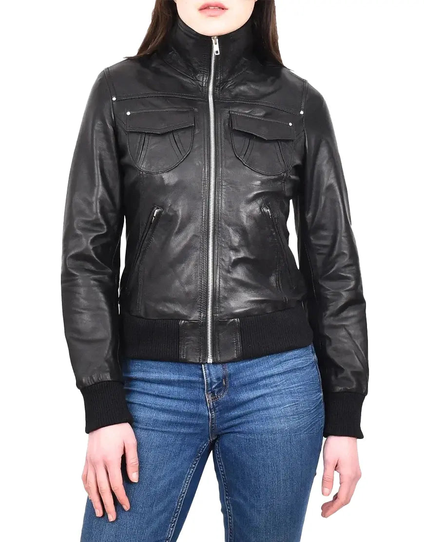 Black leather jacket worn by a person on a white background