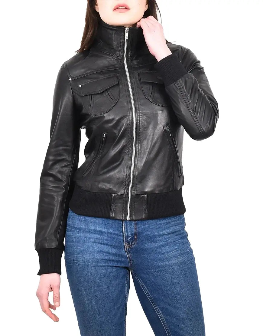 Black leather jacket worn by a person on a white background