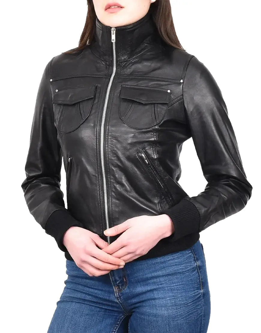 Black leather jacket worn by a person on a white background