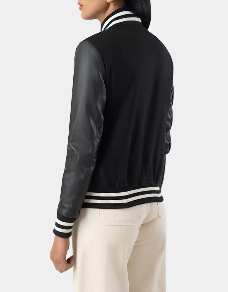 Julie Black Hybrid Varsity Jacket For Women's by Gloss leather