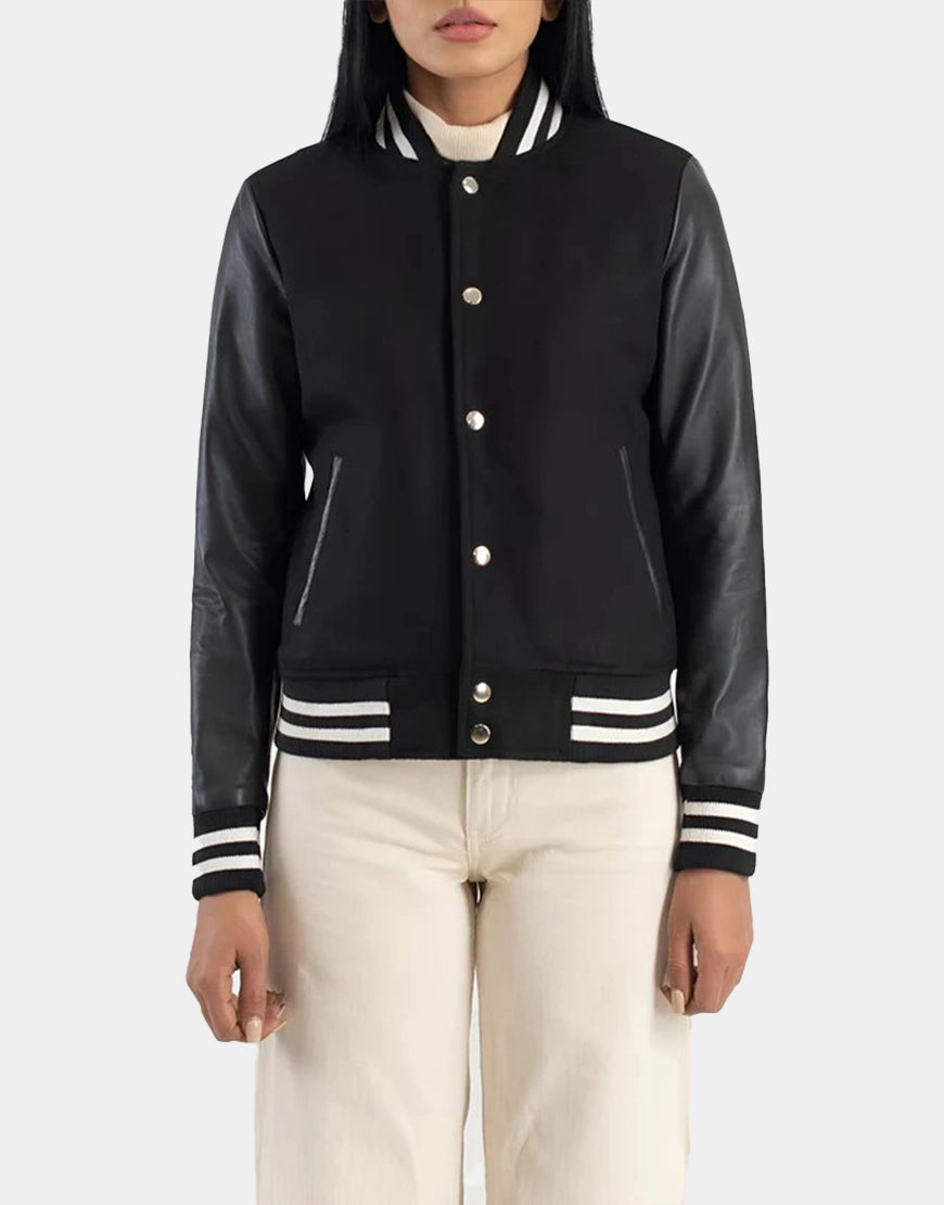 Julie Black Hybrid Varsity Jacket For Women's by GL