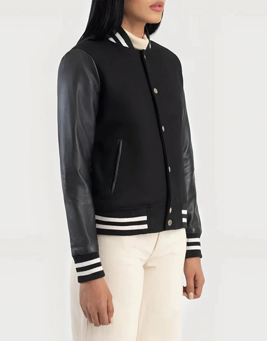 Julie Black Hybrid Varsity Jacket For Women's
