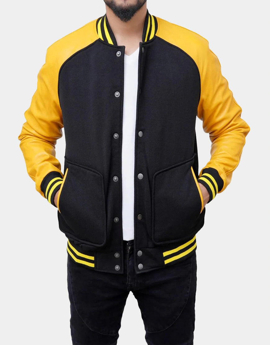 Men Grayson Black and Yellow Varsity Jacket by GL