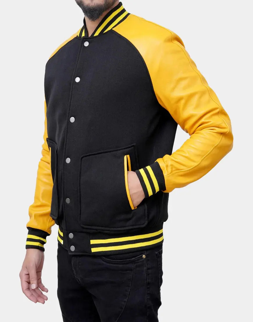 Men Grayson Black and Yellow Varsity Jacket by gloss leather