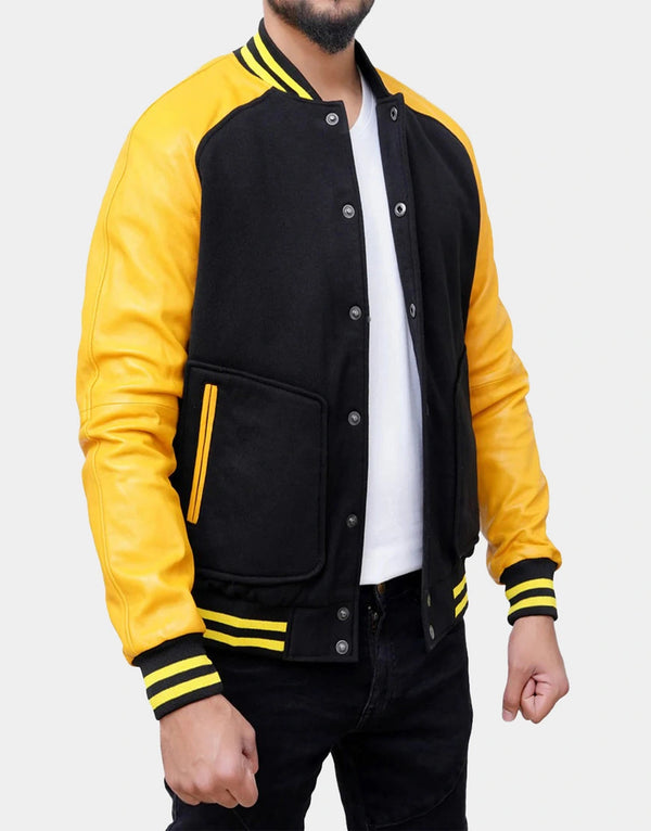 Grayson Black and Yellow Varsity Jacket by Gloss leather for male
