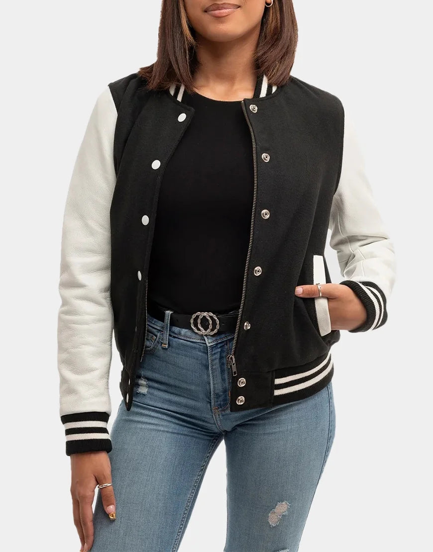 Women Varsity Jacket - Black, Brown & White - Gloss Leather