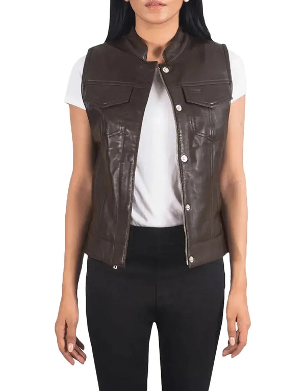 Brown leather vest worn by a person on a white background