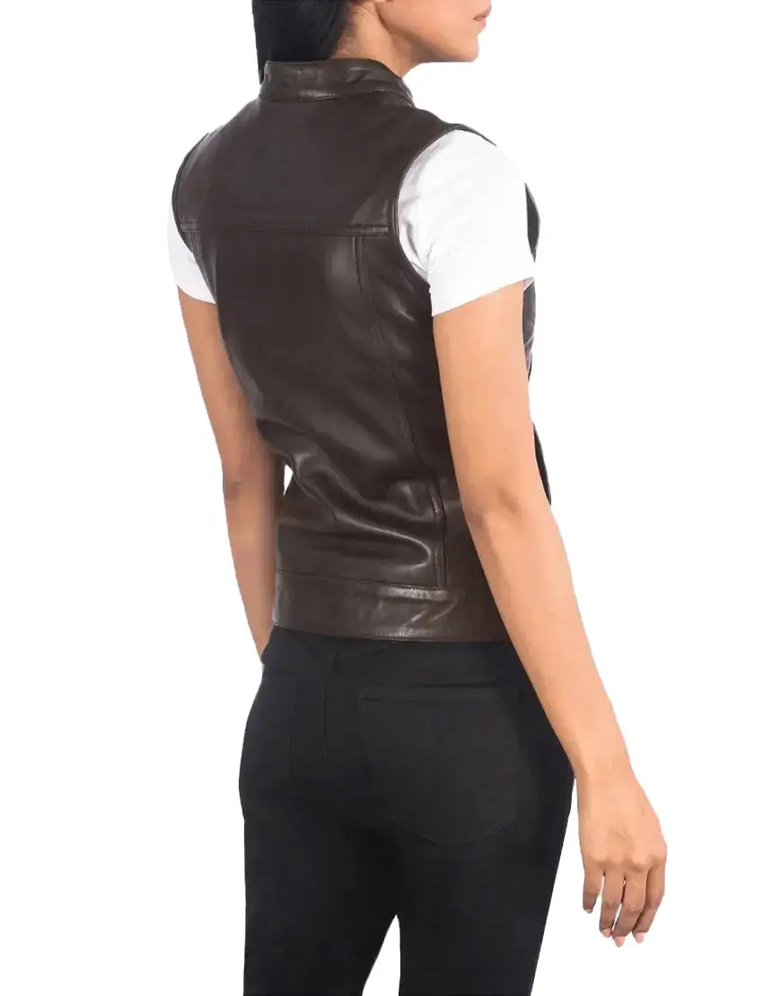 Brown leather vest worn by a person on a white background
