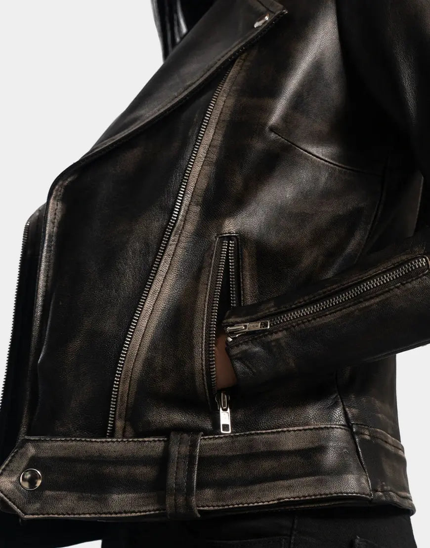 Rumy Distressed Brown Leather Biker Jacket for female