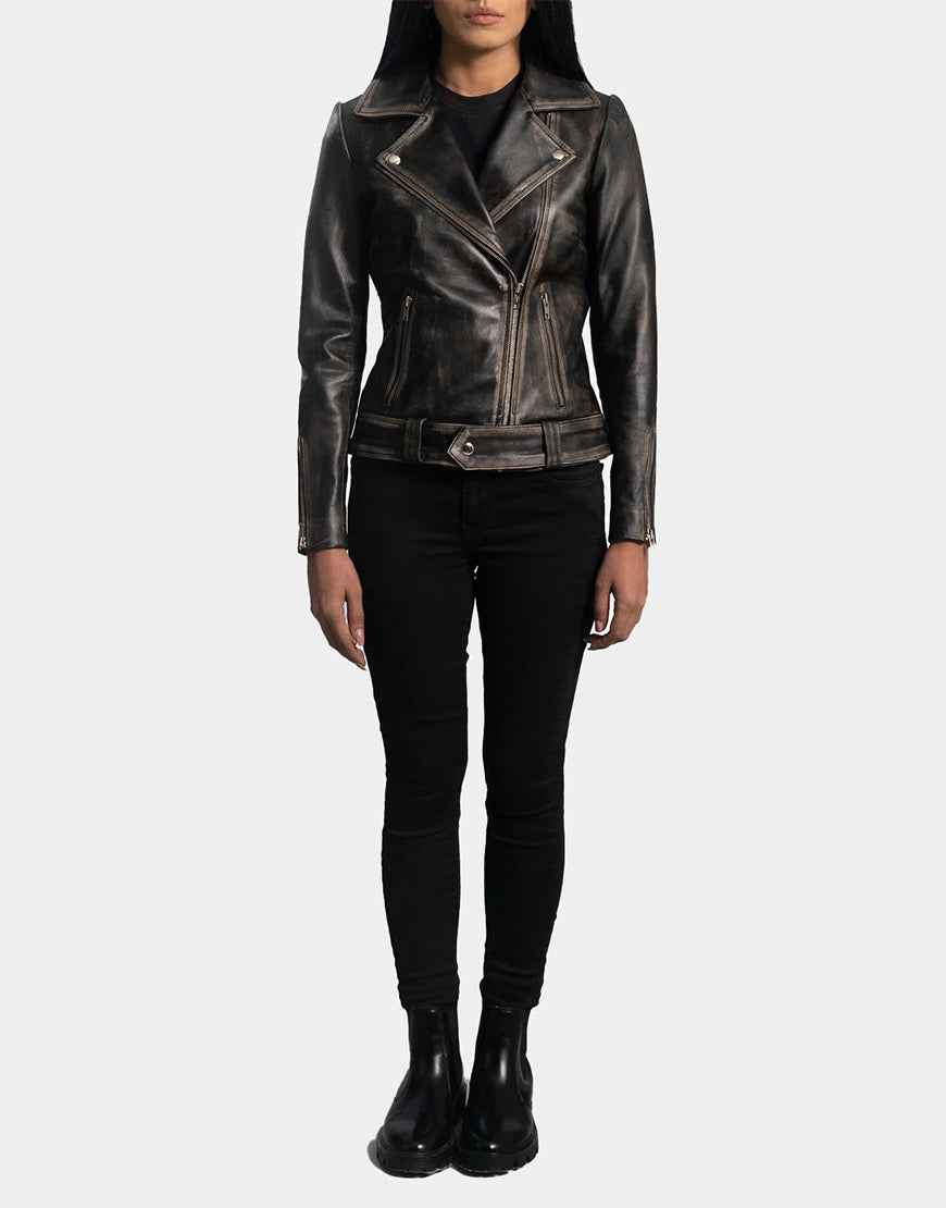 Rumy Distressed Brown Leather Biker Jacket for girls