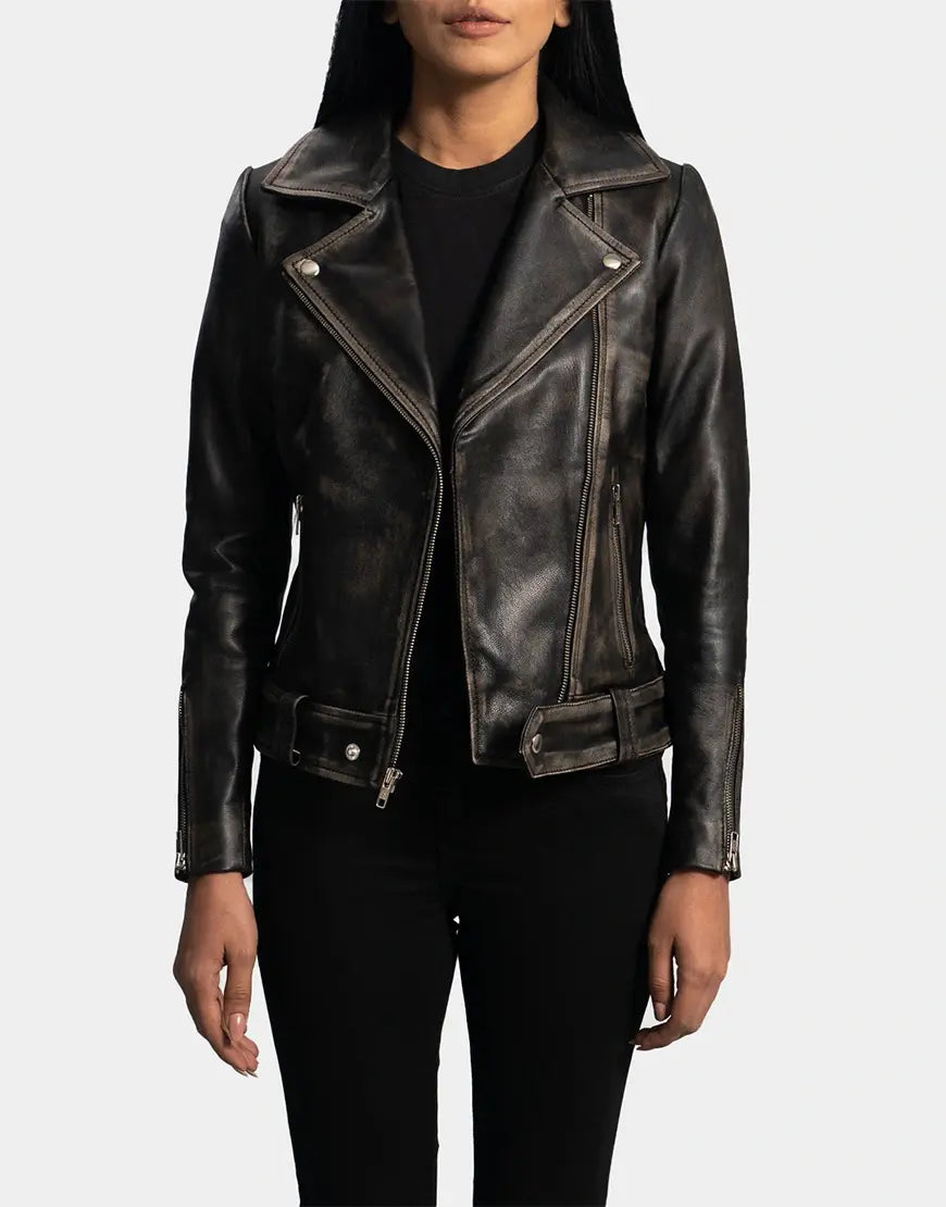 Rumy Distressed Brown Leather Biker Jacket by gloss leather