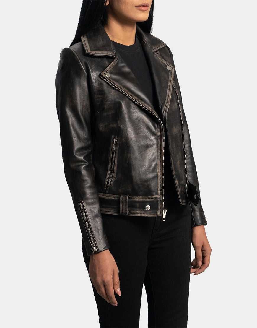 Rumy Distressed Brown Leather Biker Jacket by gloss leather for women