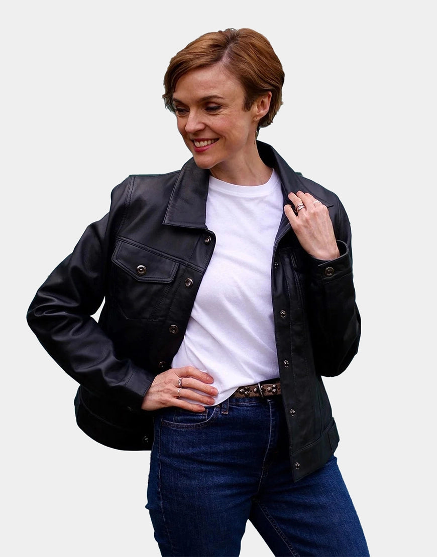 Black Denim Style Tilly Leather Jacket for women