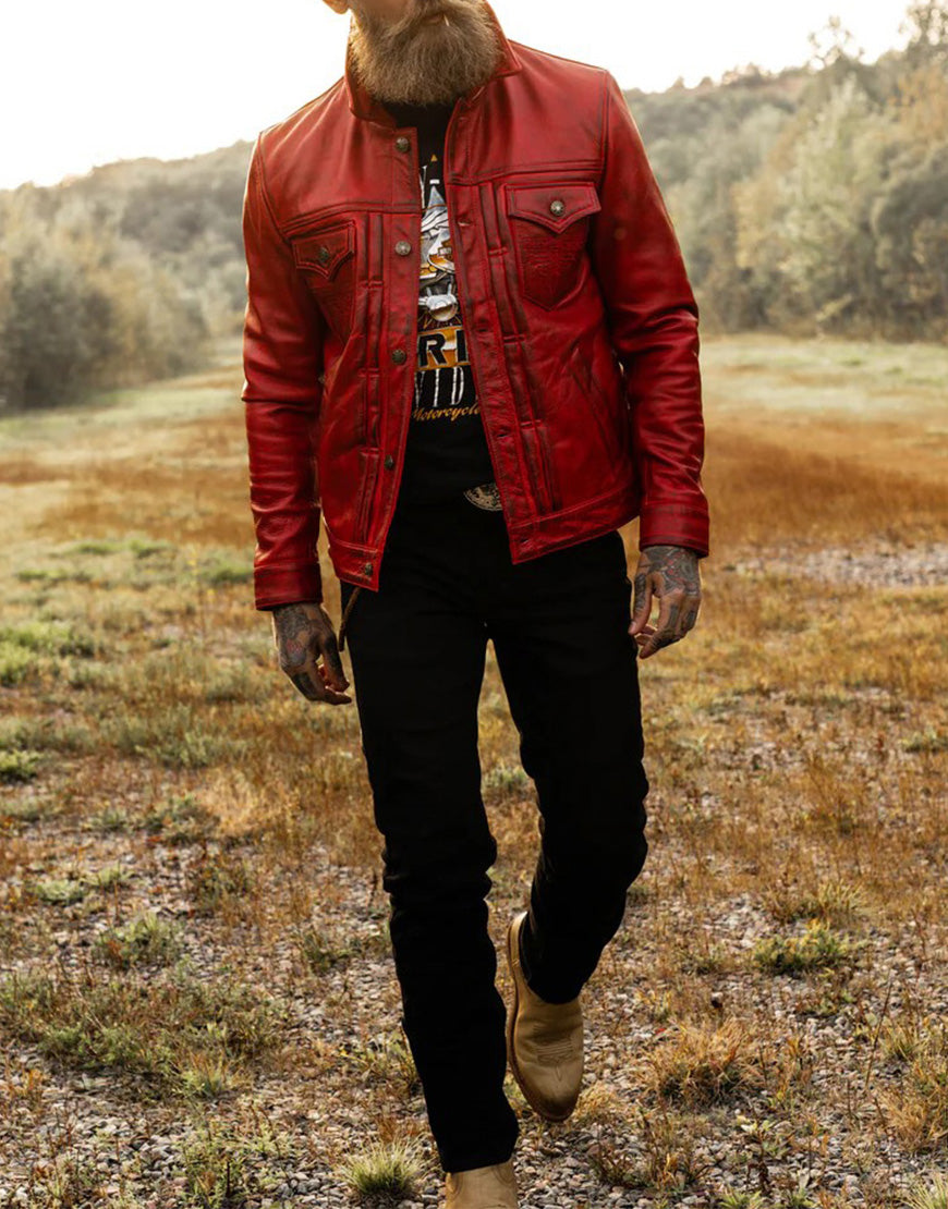 cardinal red leather jacket for male