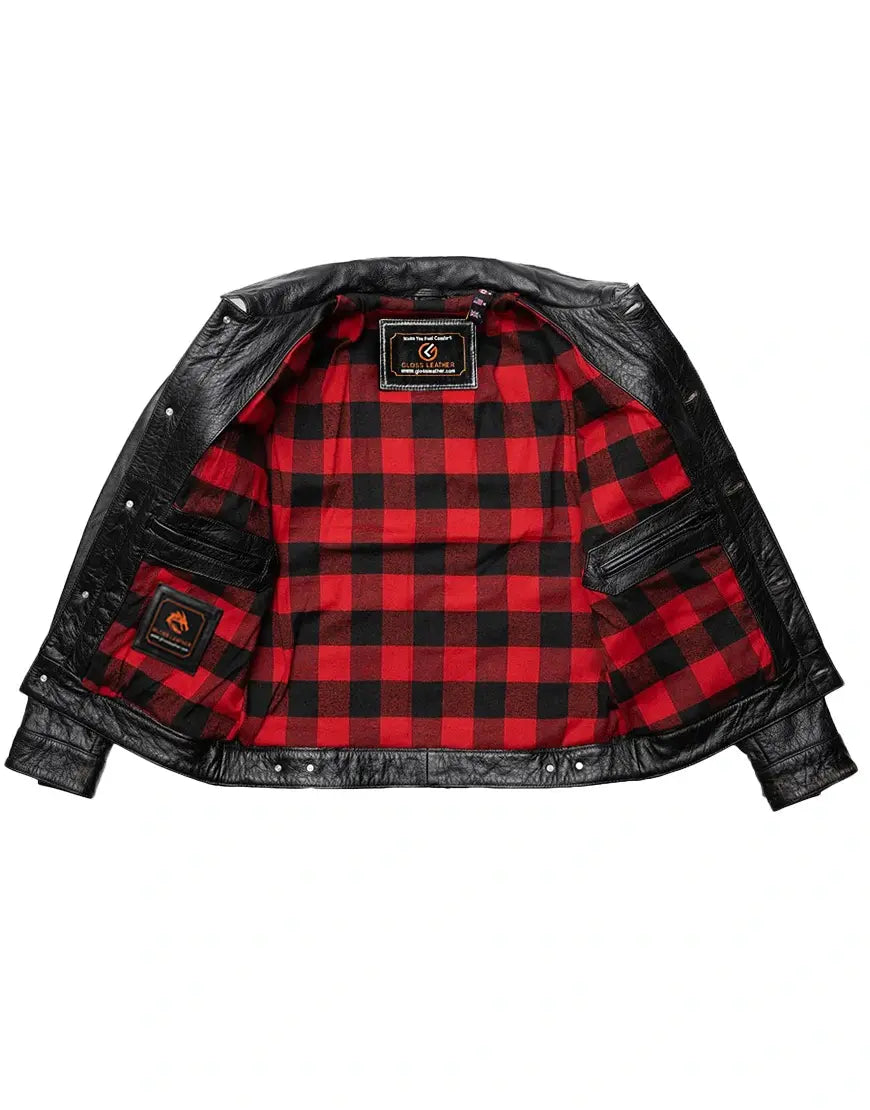 Red and black checkered jacket with leather sleeves