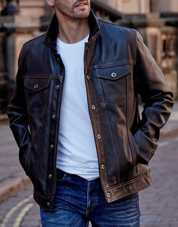 Elvis Men Black Antique Denim Style Leather Jacket