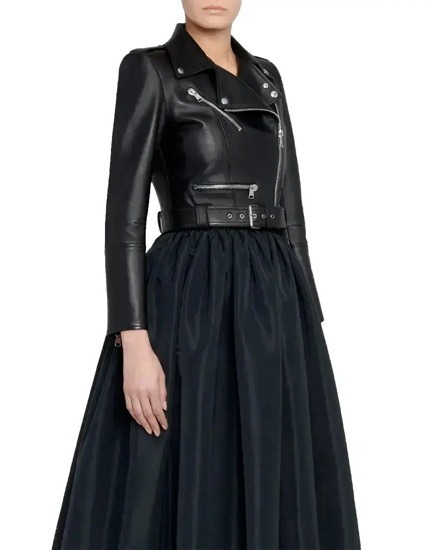 Black leather jacket over a black dress