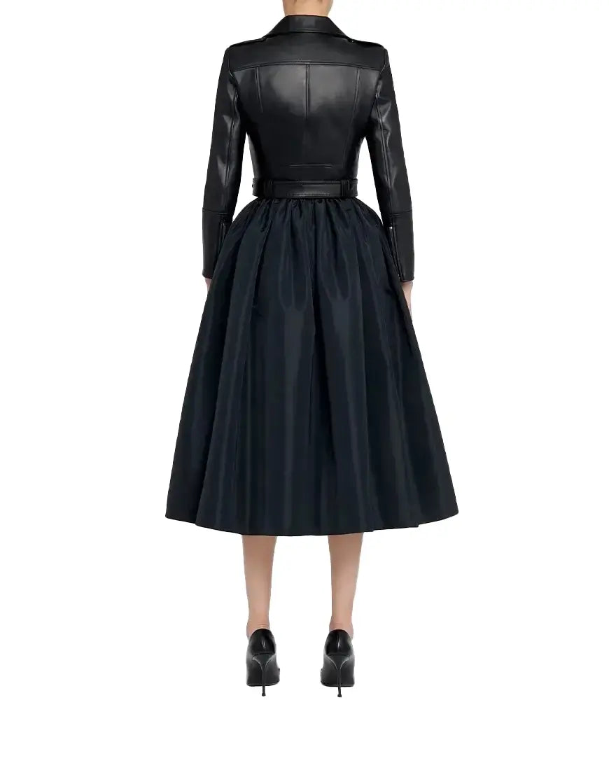 Black leather dress with a fitted bodice and full skirt