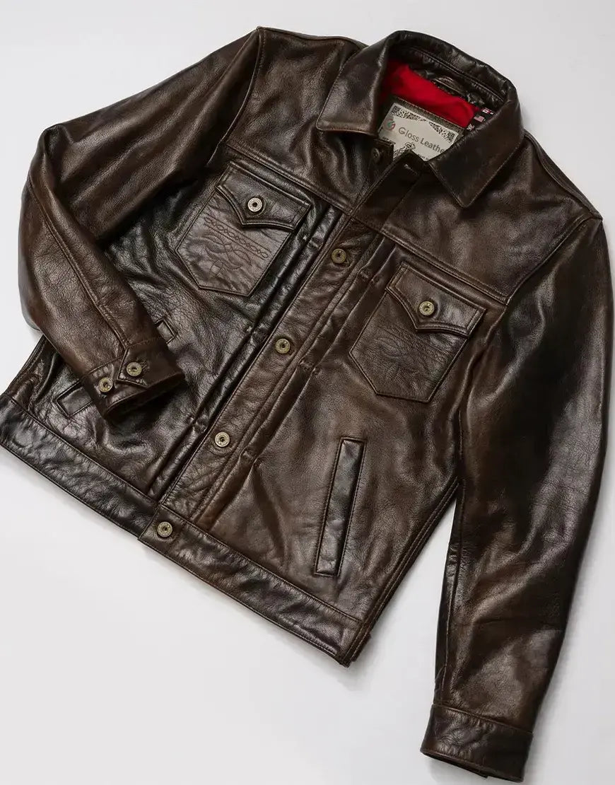 Men’s Brown Leather Trucker Jacket The Convoy Rust