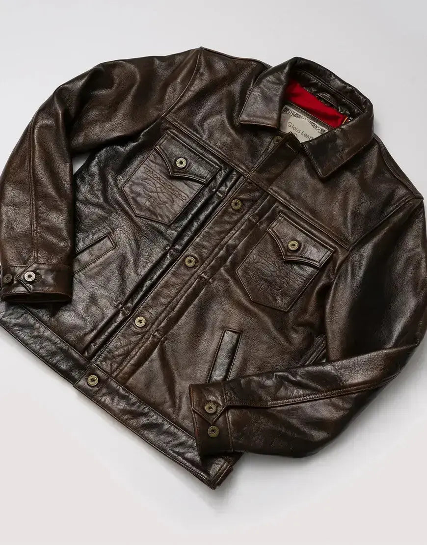Men’s Brown Leather Trucker Jacket The Convoy Rust