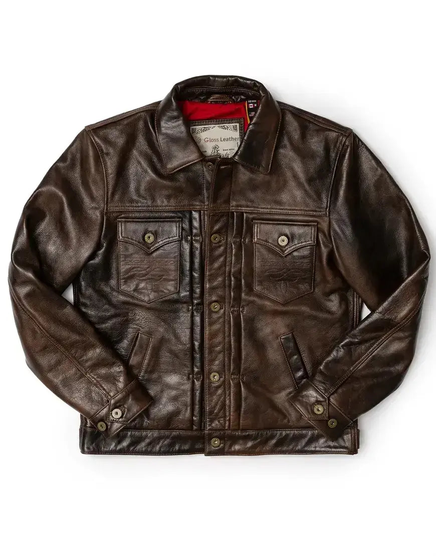 Men’s Brown Leather Trucker Jacket The Convoy Rust