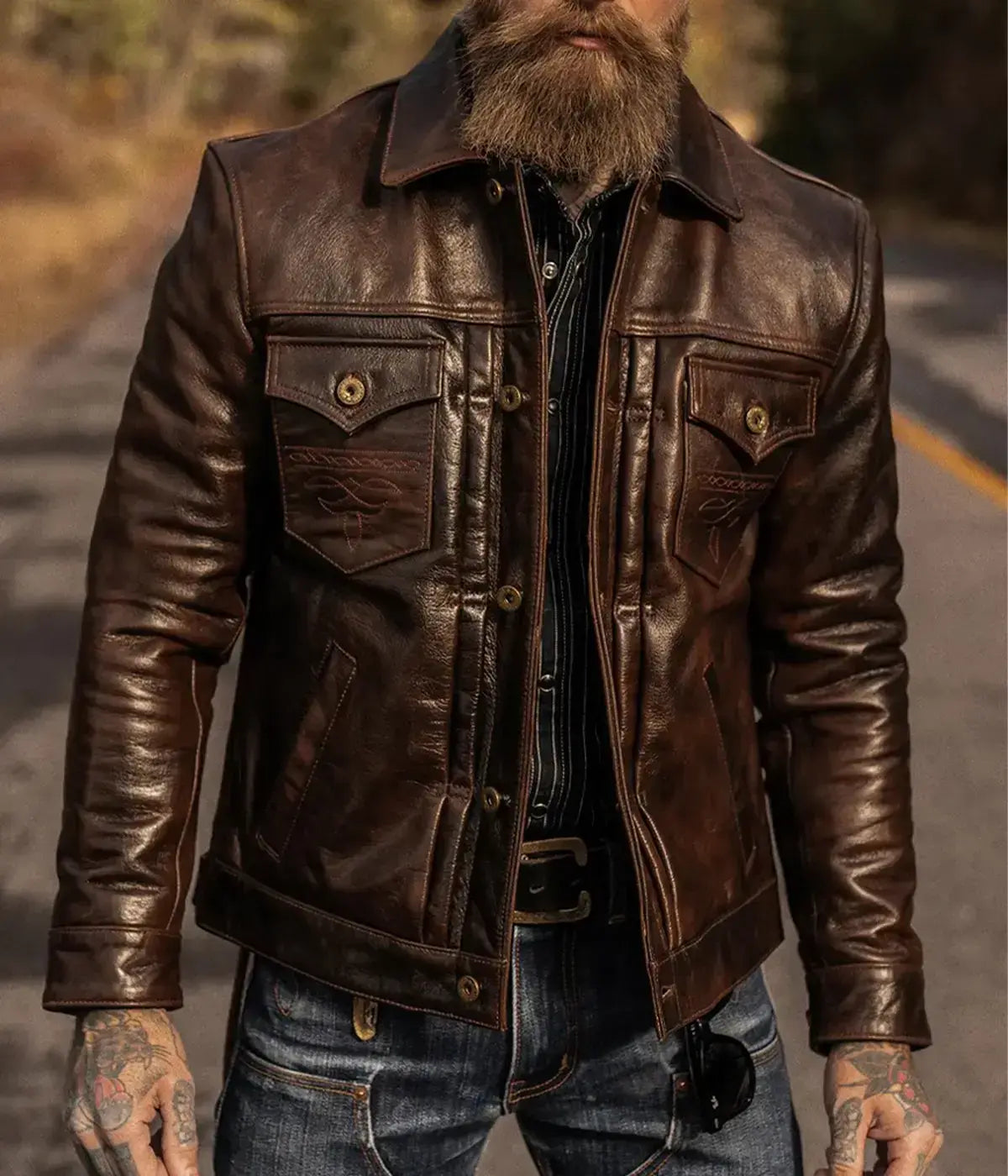 Men’s Brown Leather Trucker Jacket The Convoy Rust
