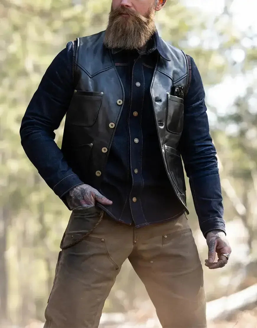 Men Black Leather Vest