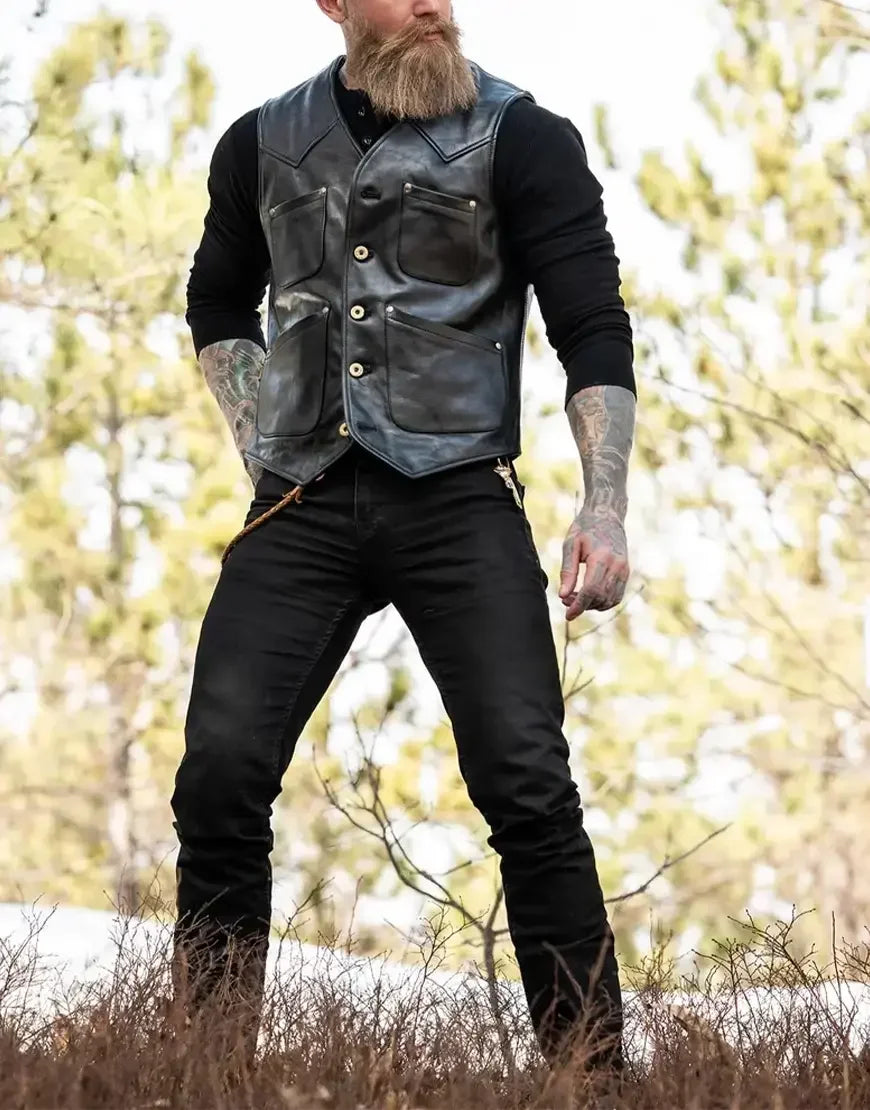Men Black Leather Vest