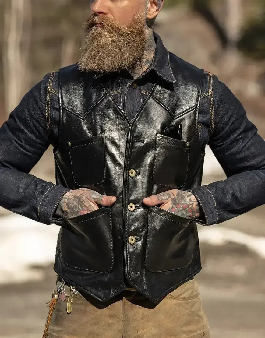Men Black Leather Vest