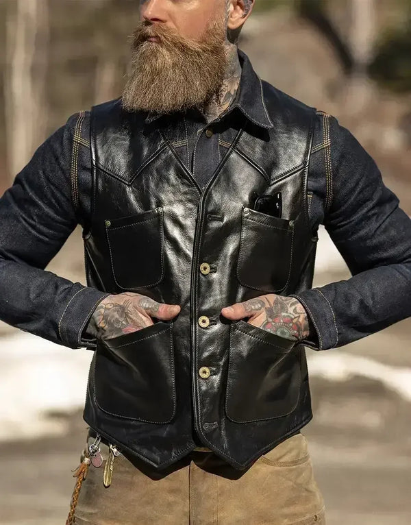 Men Black Leather Vest
