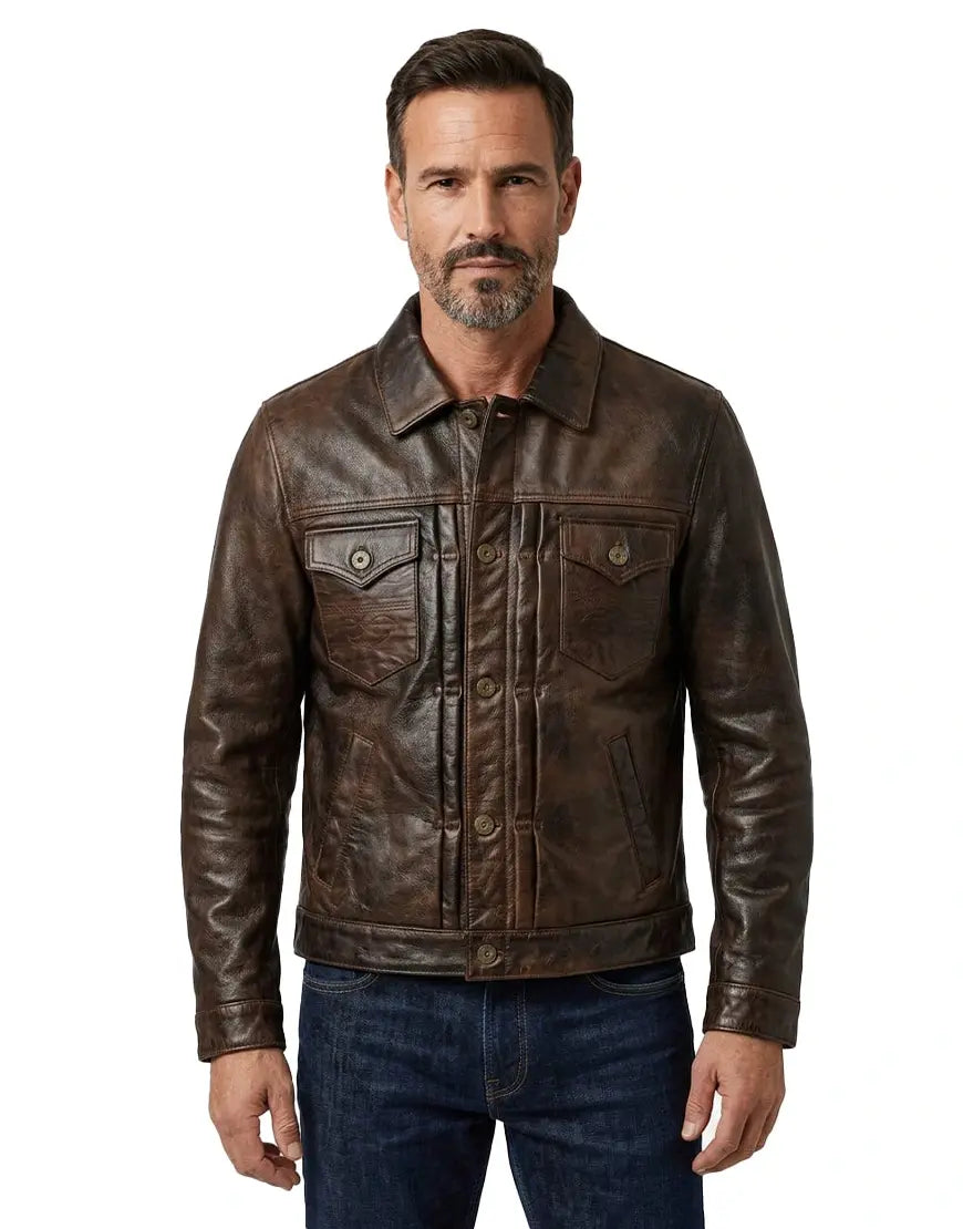 Men’s Brown Leather Trucker Jacket The Convoy Rust