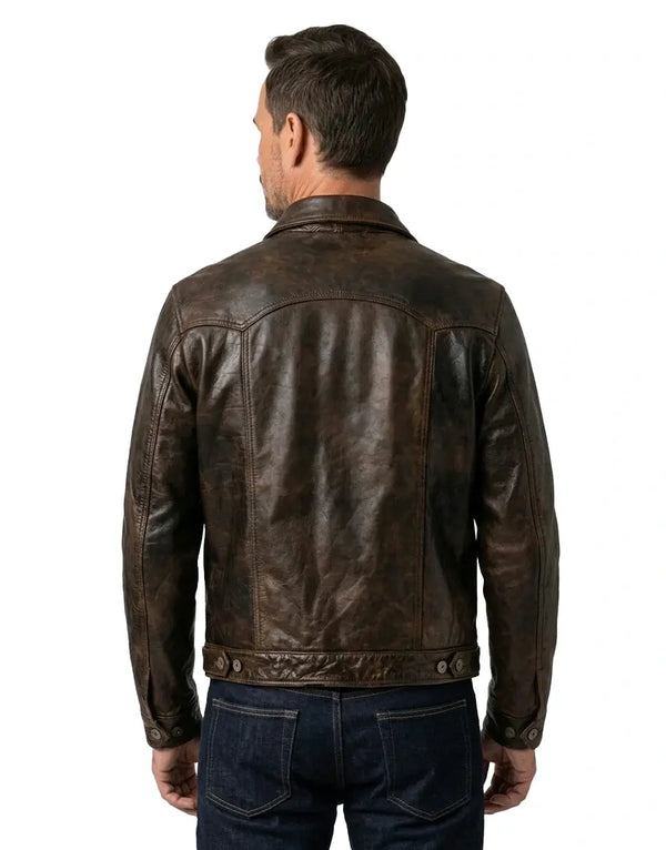 Men’s Brown Leather Trucker Jacket The Convoy Rust