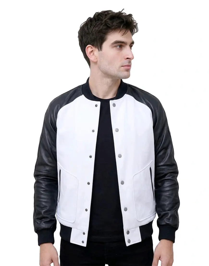 Men’s White & Black Leather Varsity Jacket