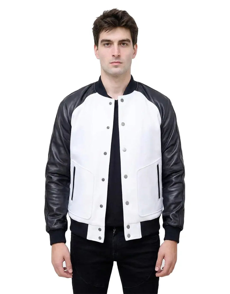 Wool Blended Black and White Men's Bomber Jacket
