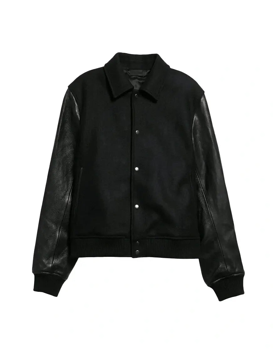 Black Leather Varsity Jacket for Men