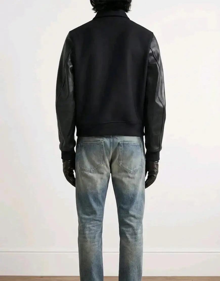Black Leather Varsity Jacket for Men