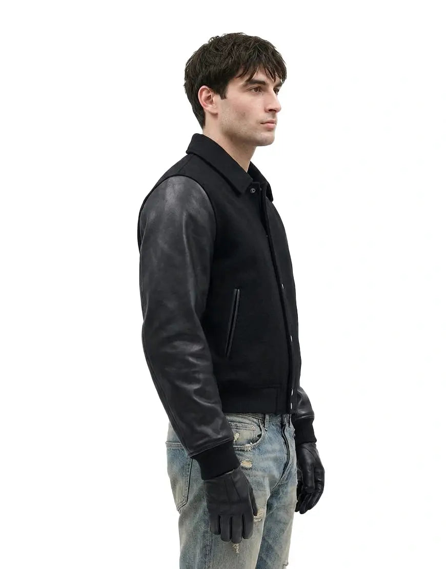 Black Leather Varsity Jacket for Men